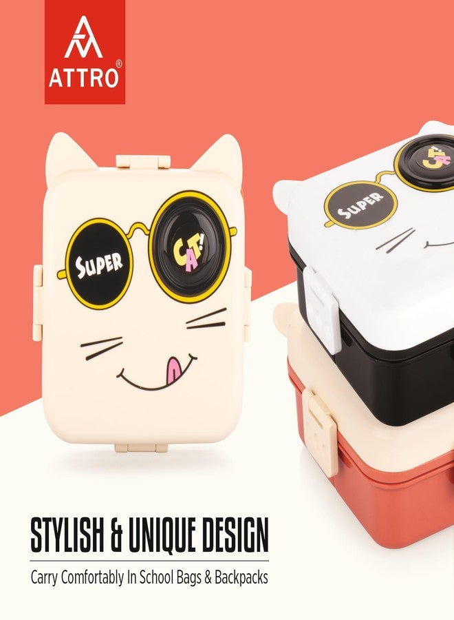 ATTRO Festive Super Cat Lunch Box 2 Layer Plastic Lunch Box Comes with 1 Detachable Tray, 1 Small Container & 1 Spoon Ideal for Kids BPA Free 1590ml+70ml- Cream Red - Image 5